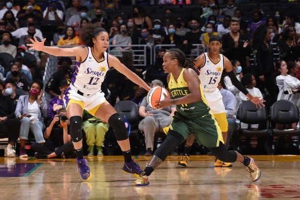 Epiphanny Prince of the Seattle Storm looks to pass the ball against the Los Angeles Sparks on September 12, 2021 at Staples Center in Los Angeles,...