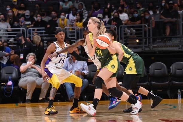 Karlie Samuelson of the Seattle Storm handles the ball against the Los Angeles Sparks on September 12, 2021 at Staples Center in Los Angeles,...