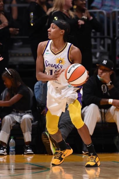 Brittney Sykes of the Los Angeles Sparks looks to pass the ball against the Seattle Storm on September 12, 2021 at Staples Center in Los Angeles,...
