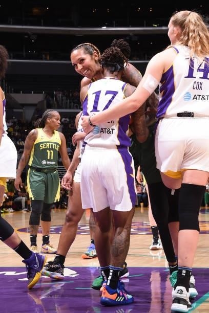 Mercedes Russell of the Seattle Storm smiles during the game against the Los Angeles Sparks on September 12, 2021 at Staples Center in Los Angeles,...