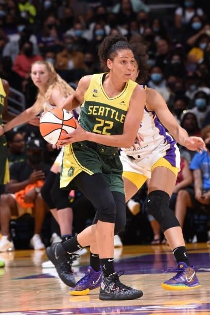 Cierra Burdick of the Seattle Storm looks to pass the ball against the Los Angeles Sparks on September 12, 2021 at Staples Center in Los Angeles,...