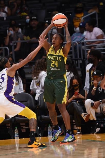 Jewell Loyd of the Seattle Storm looks to pass the ball against the Los Angeles Sparks on September 12, 2021 at Staples Center in Los Angeles,...