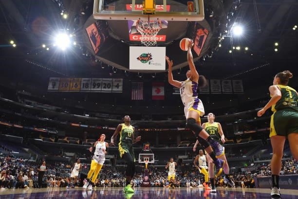 Nia Coffey of the Los Angeles Sparks shoots the ball against the Seattle Storm on September 12, 2021 at Staples Center in Los Angeles, California....