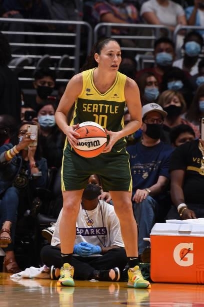 Sue Bird of the Seattle Storm looks to pass the ball against the Los Angeles Sparks on September 12, 2021 at Staples Center in Los Angeles,...