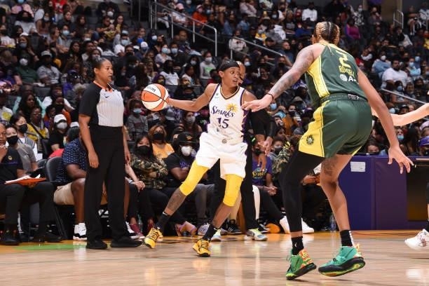 Brittney Sykes of the Los Angeles Sparks handles the ball against the Seattle Storm on September 12, 2021 at Staples Center in Los Angeles,...