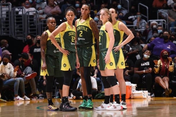 The Seattle Storm look on during the game against the Los Angeles Sparks on September 12, 2021 at Staples Center in Los Angeles, California. NOTE TO...
