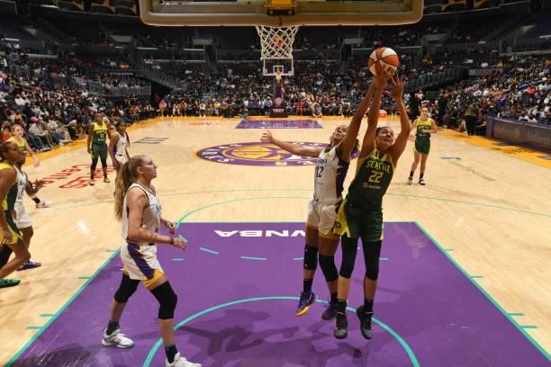 Nia Coffey of the Los Angeles Sparks and Cierra Burdick of the Seattle Storm go up for the ball during the game on September 12, 2021 at Staples...
