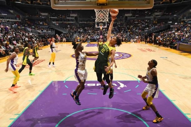 Cierra Burdick of the Seattle Storm shoots the ball against the Los Angeles Sparks on September 12, 2021 at Staples Center in Los Angeles,...