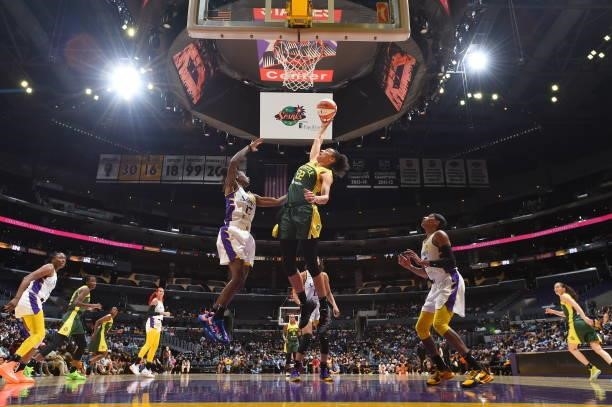 Cierra Burdick of the Seattle Storm shoots the ball against the Los Angeles Sparks on September 12, 2021 at Staples Center in Los Angeles,...