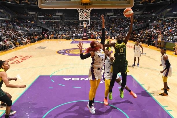 Ezi Magbegor of the Seattle Storm shoots the ball against the Los Angeles Sparks on September 12, 2021 at Staples Center in Los Angeles, California....