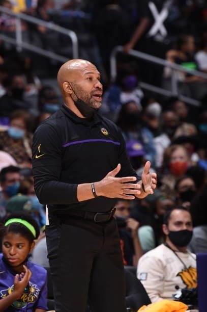 Head Coach, Derek Fisher of the Los Angeles Sparks talks to a player during the game against the Seattle Storm on September 12, 2021 at Staples...