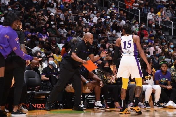 Assistant Coach, Fred Williams of the Los Angeles Sparks talks to a player during the game against the Seattle Storm on September 12, 2021 at Staples...