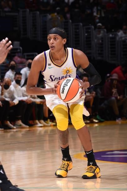 Brittney Sykes of the Los Angeles Sparks handles the ball against the Seattle Storm on September 12, 2021 at Staples Center in Los Angeles,...