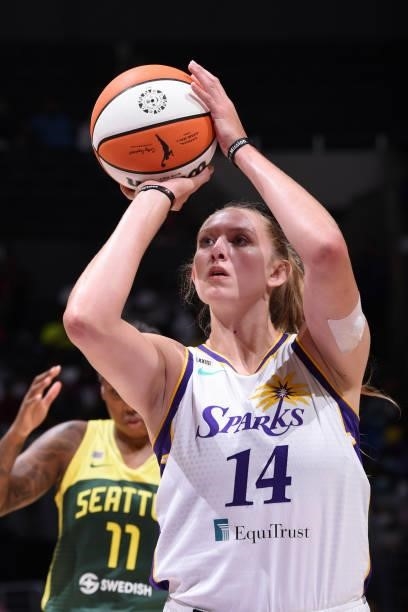 Lauren Cox of the Los Angeles Sparks shoots the ball against the Seattle Storm on September 12, 2021 at Staples Center in Los Angeles, California....