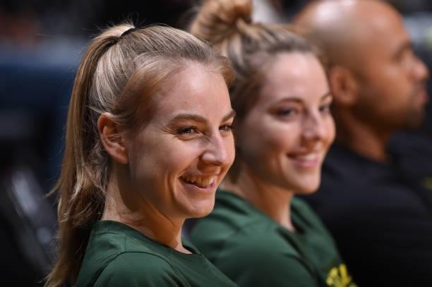 Karlie Samuelson of the Seattle Storm smiles before the game against the Los Angeles Sparks on September 12, 2021 at Staples Center in Los Angeles,...