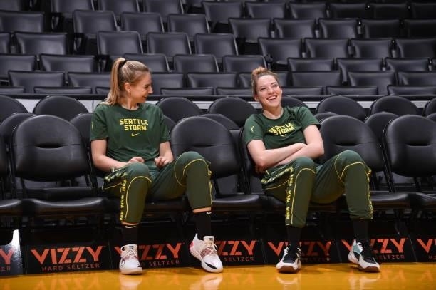 Karlie Samuelson and Katie Lou Samuelson of the Seattle Storm smile before the game against the Los Angeles Sparks on September 12, 2021 at Staples...