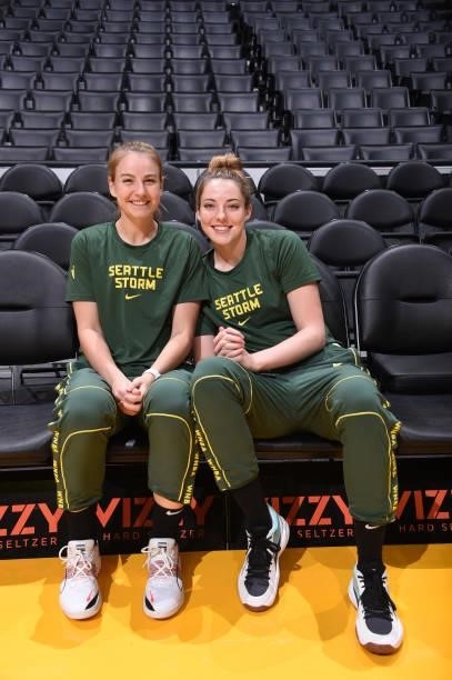 Karlie Samuelson and Katie Lou Samuelson of the Seattle Storm pose for a photo before the game against the Los Angeles Sparks on September 12, 2021...