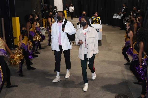 Jewell Loyd and Jordin Canada of the Seattle Storm arrive to the game against the Los Angeles Sparks on September 12, 2021 at Staples Center in Los...