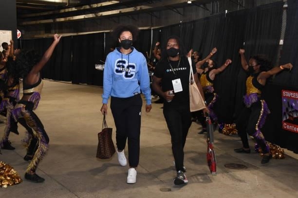 Nia Coffey of the Los Angeles Sparks arrives to the game against the Seattle Storm on September 12, 2021 at Staples Center in Los Angeles,...