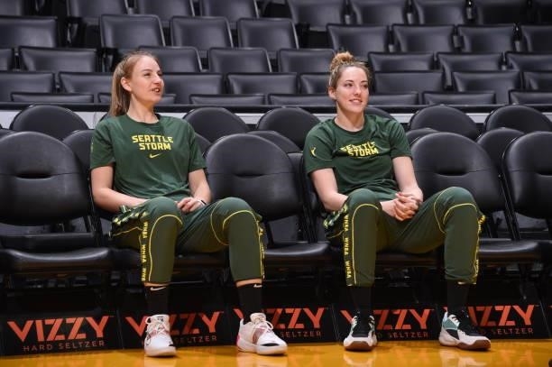 Karlie Samuelson and Katie Lou Samuelson of the Seattle Storm look on before the game against the Los Angeles Sparks on September 12, 2021 at Staples...