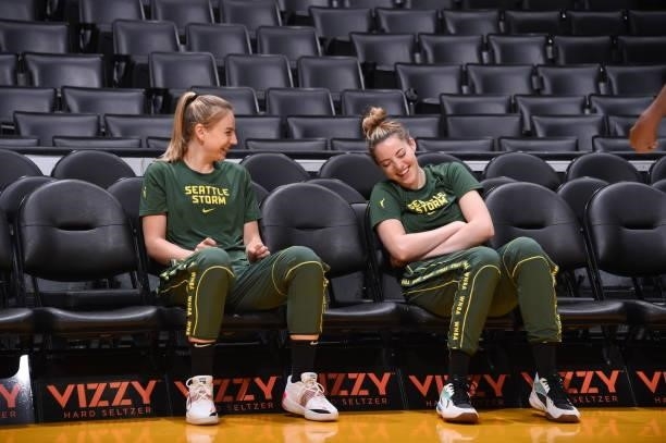 Karlie Samuelson and Katie Lou Samuelson of the Seattle Storm smile before the game against the Los Angeles Sparks on September 12, 2021 at Staples...