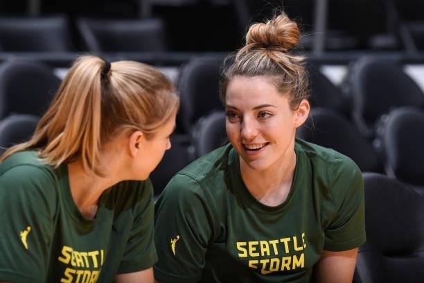 Katie Lou Samuelson of the Seattle Storm smiles before the game against the Los Angeles Sparks on September 12, 2021 at Staples Center in Los...