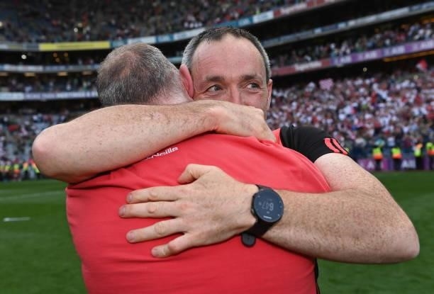 Dublin , Ireland - 11 September 2021; Tyrone joint-manager Brian Dooher celebrates after the GAA Football All-Ireland Senior Championship Final match...