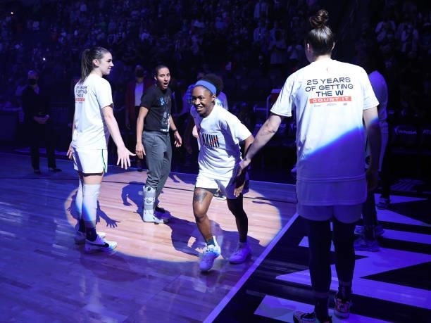 Crystal Dangerfield of the Minnesota Lynx is introduced before the game against the Indiana Fever on September 12, 2021 at Target Center in...
