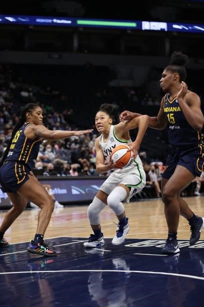 Aerial Powers of the Minnesota Lynx drives to the basket during the game against the Indiana Fever on September 12, 2021 at Target Center in...