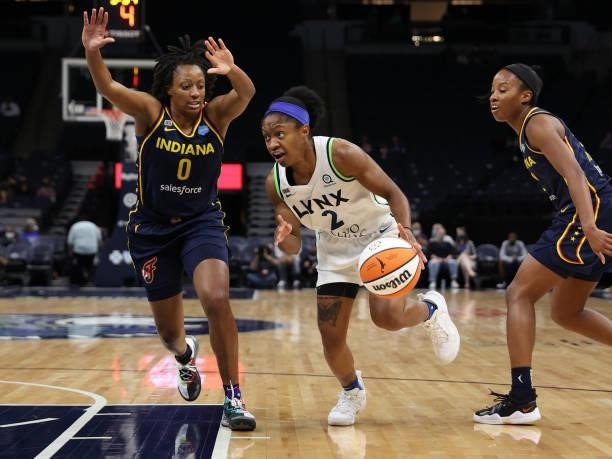Crystal Dangerfield of the Minnesota Lynx drives to the basket during the game against the Indiana Fever on September 12, 2021 at Target Center in...