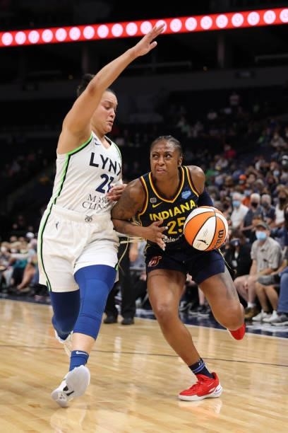 Tiffany Mitchell of the Indiana Fever drives to the basket during the game against the Minnesota Lynx on September 12, 2021 at Target Center in...