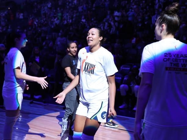 Napheesa Collier of the Minnesota Lynx is introduced before the game against the Indiana Fever on September 12, 2021 at Target Center in Minneapolis,...
