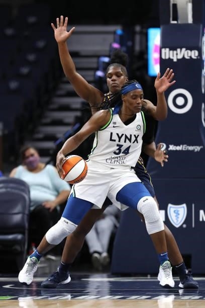 Sylvia Fowles of the Minnesota Lynx drives to the basket during the game against the Indiana Fever on September 12, 2021 at Target Center in...