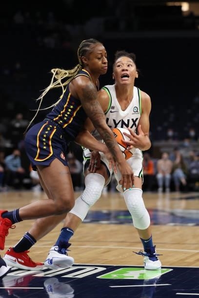 Aerial Powers of the Minnesota Lynx handles the ball during the game against the Indiana Fever on September 12, 2021 at Target Center in Minneapolis,...