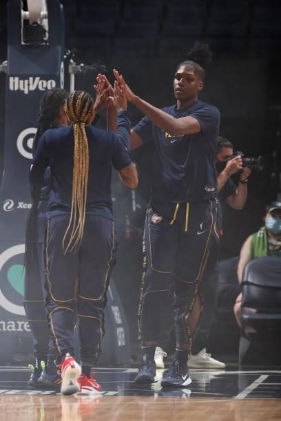 Teaira McCowan of the Indiana Fever is introduced before the game against the Minnesota Lynx on September 12, 2021 at Target Center in Minneapolis,...