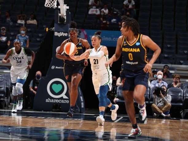 Kayla McBride of the Minnesota Lynx passes the ball during the game against the Indiana Fever on September 12, 2021 at Target Center in Minneapolis,...