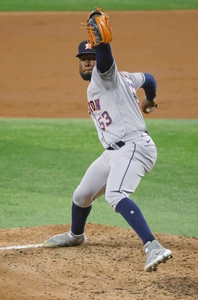 Cristian Javier of the Houston Astros pitches against the Texas Rangers in the second inning at Globe Life Field on September 13, 2021 in Arlington,...