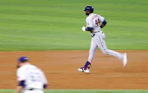 Yordan Alvarez of the Houston Astros rounds the bases on his two-run home run against the Texas Rangers in the second inning at Globe Life Field on...