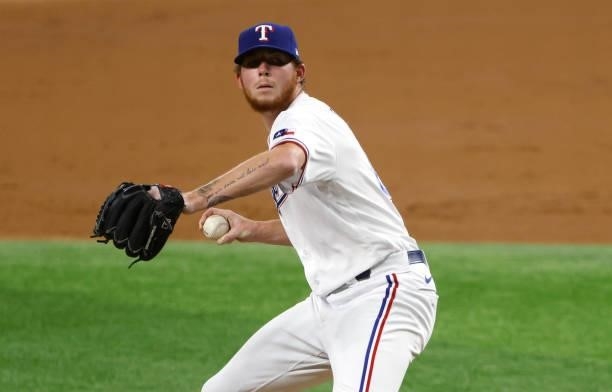 Alexy of the Texas Rangers pitches against the Houston Astros in the third inning at Globe Life Field on September 13, 2021 in Arlington, Texas.