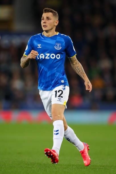 Lucas Digne of Everton during the Premier League match between Everton and Burnley at Goodison Park on September 13, 2021 in Liverpool, England.