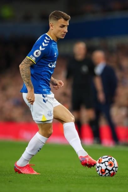Lucas Digne of Everton during the Premier League match between Everton and Burnley at Goodison Park on September 13, 2021 in Liverpool, England.