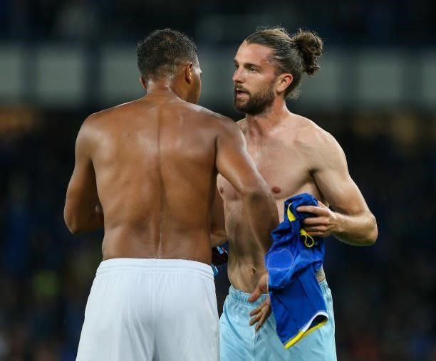 Burnley's Jay Rodriguez exchanges shirts with Everton's Salomon Rondon after the Premier League match between Everton and Burnley at Goodison Park on...