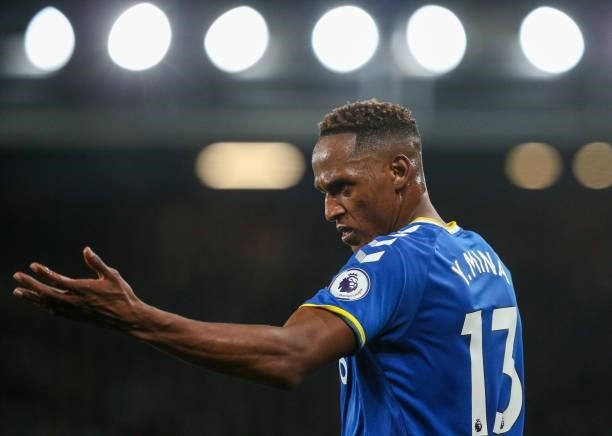 Everton's Yerry Mina in action during the Premier League match between Everton and Burnley at Goodison Park on September 13, 2021 in Liverpool,...