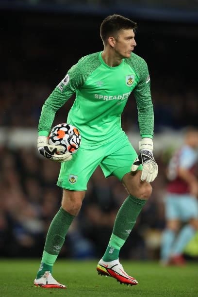 Nick Pope of Burnley during the Premier League match between Everton and Burnley at Goodison Park on September 13, 2021 in Liverpool, England.