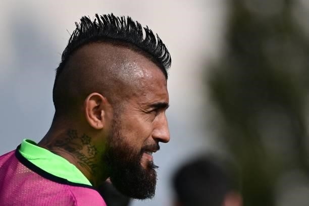 Inter Milan's Chilean midfielder Arturo Vidal is pictured during a training session in Appiano Gentile, on the eve of the UEFA Champions League Group...