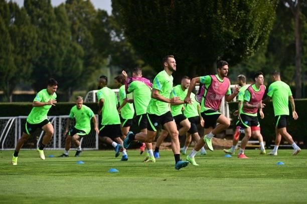 Inter Milan's players are pictured during a training session in Appiano Gentile, on the eve of the UEFA Champions League Group D football match...