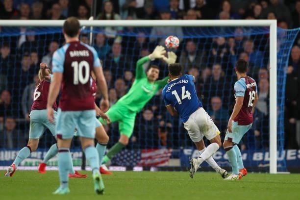Nick Pope of Burnley saves a shot from Andros Townsend of Everton during the Premier League match between Everton and Burnley at Goodison Park on...