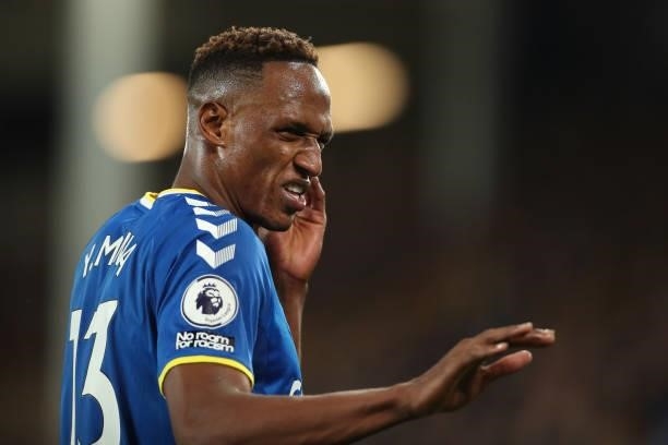 Yerry Mina of Everton during the Premier League match between Everton and Burnley at Goodison Park on September 13, 2021 in Liverpool, England.