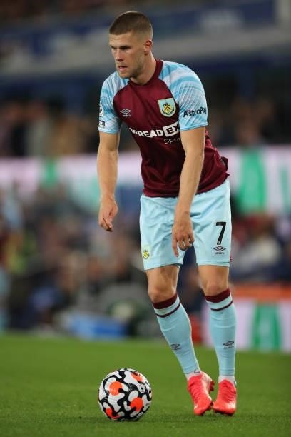 Johann Gudmundsson of Burnley during the Premier League match between Everton and Burnley at Goodison Park on September 13, 2021 in Liverpool,...