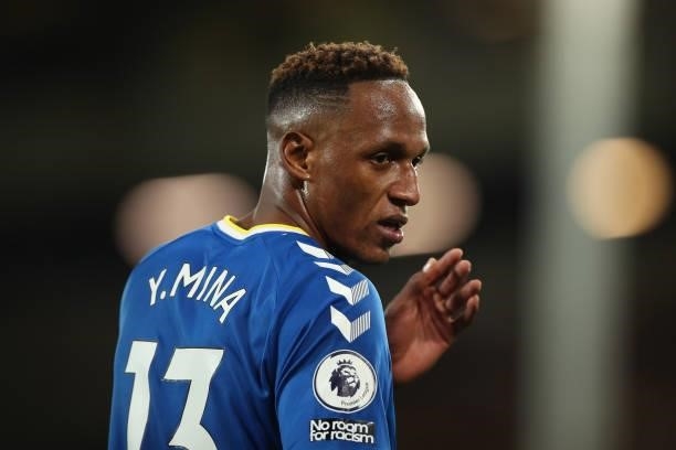 Yerry Mina of Everton during the Premier League match between Everton and Burnley at Goodison Park on September 13, 2021 in Liverpool, England.